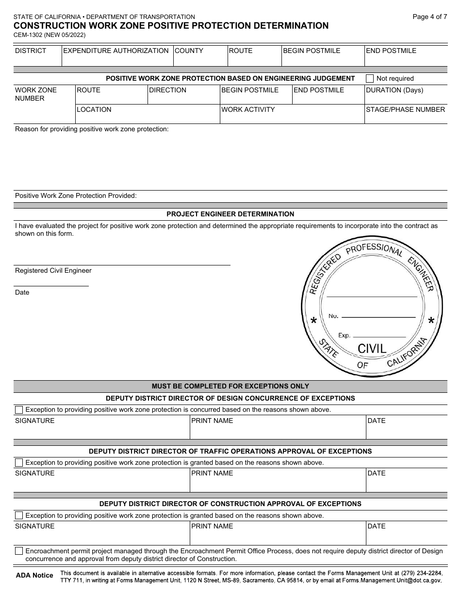 Form CEM-1302 Construction Work Zone Positive Protection Determination - California, Page 4