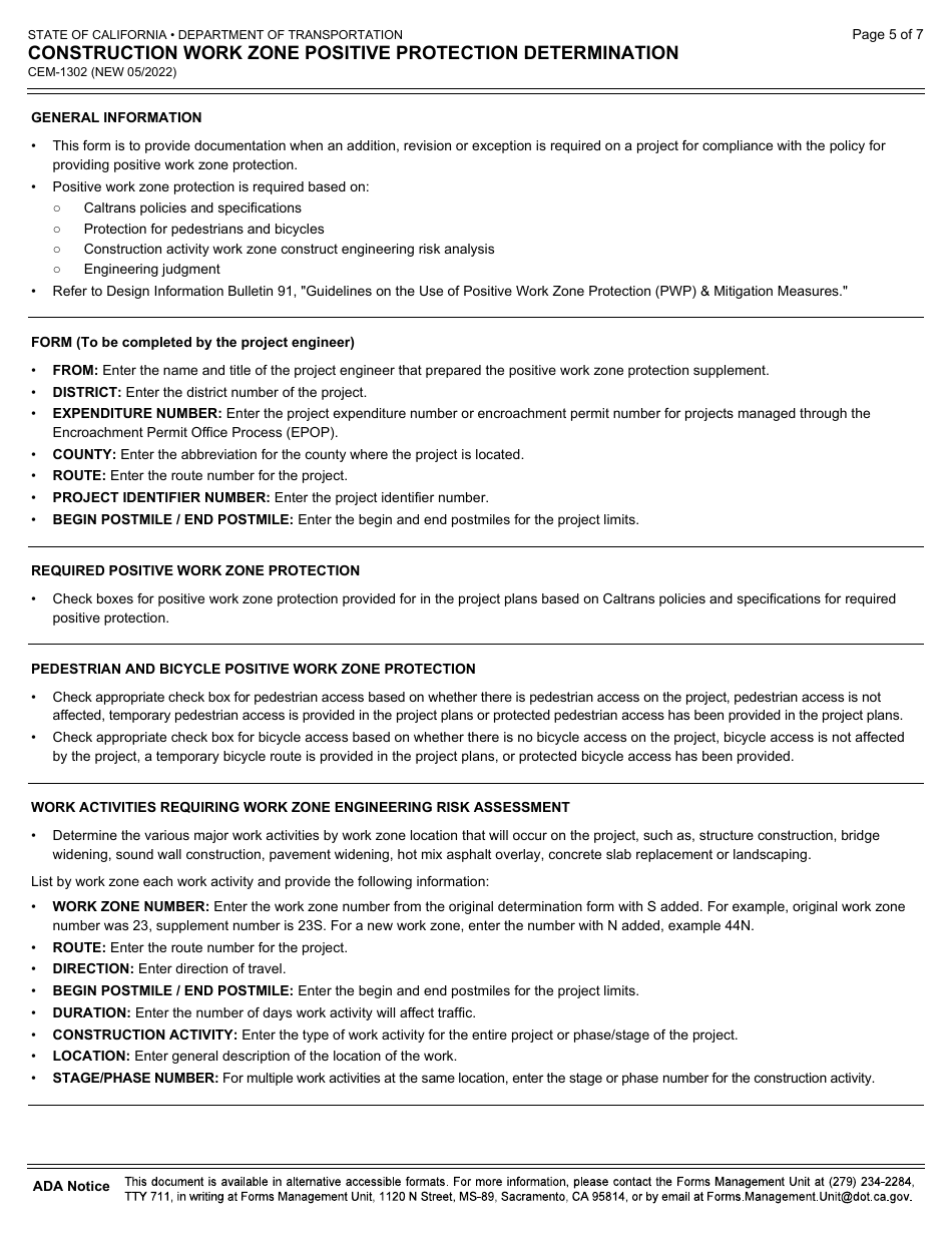 Form CEM-1302 Construction Work Zone Positive Protection Determination - California, Page 5