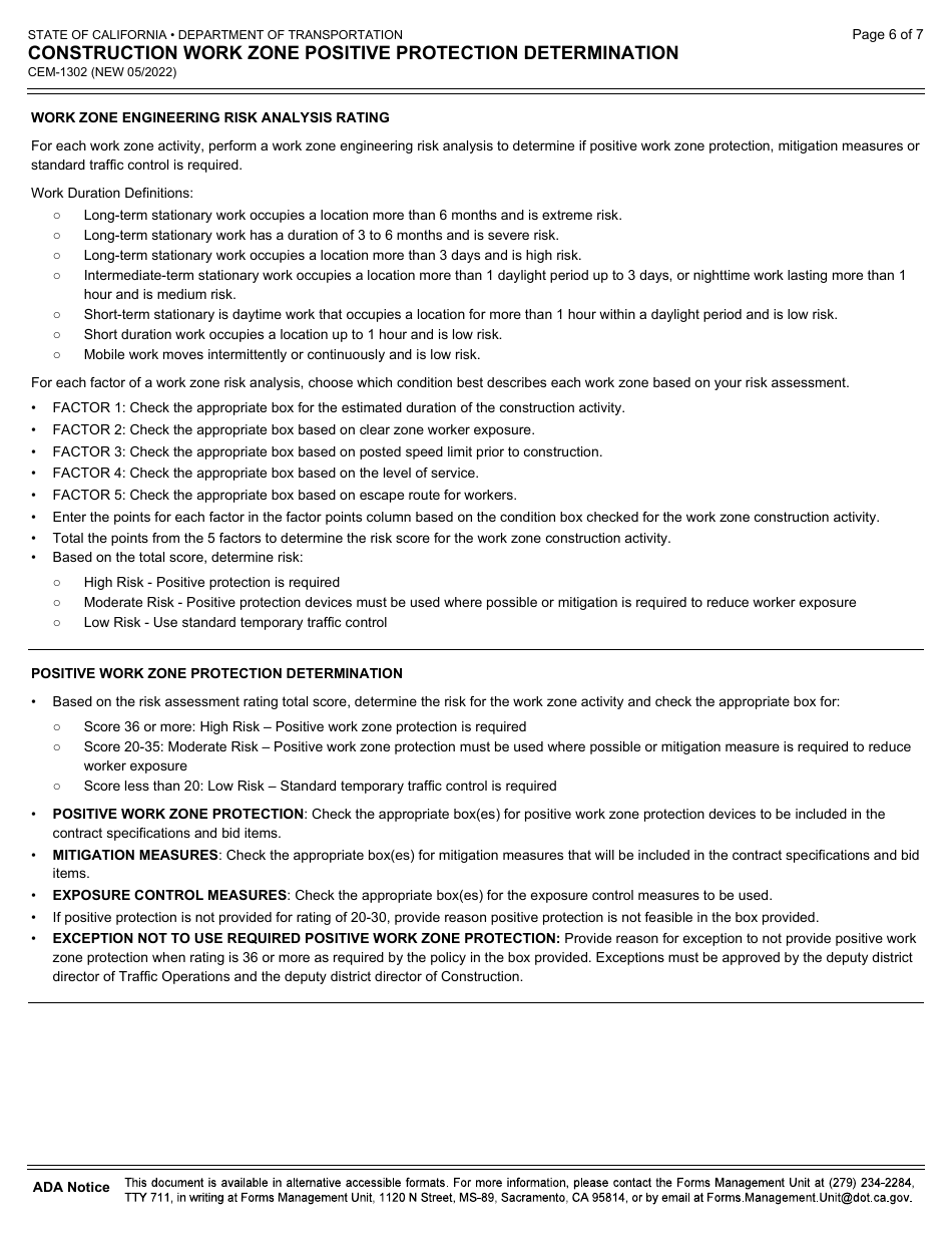 Form CEM-1302 Construction Work Zone Positive Protection Determination - California, Page 6
