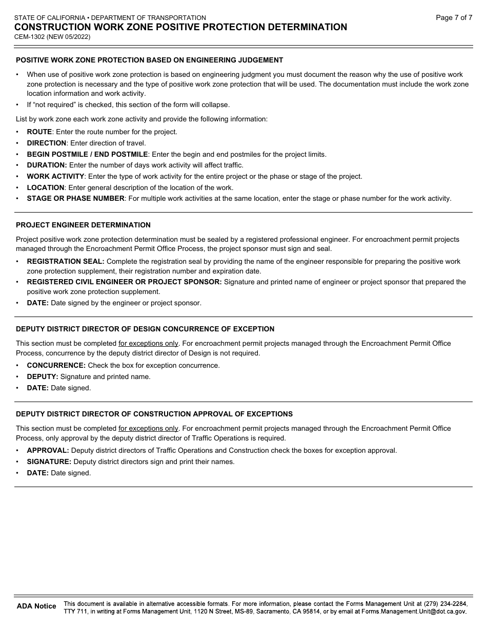 Form CEM-1302 Construction Work Zone Positive Protection Determination - California, Page 7