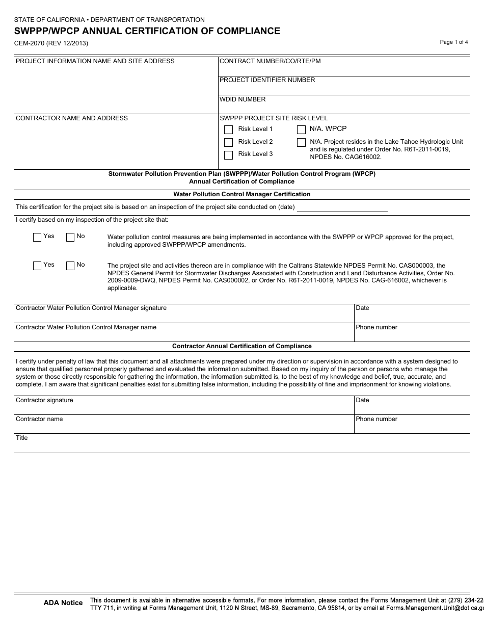 Form CEM-2070 Swppp/Wpcp Annual Certification of Compliance - California, Page 1