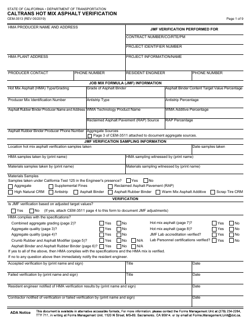 Form CEM-3513 Caltrans Hot Mix Asphalt Verification - California