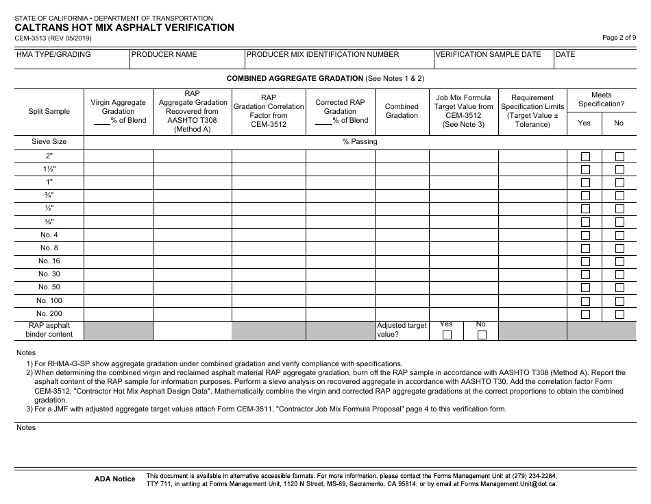 Form CEM-3513 Caltrans Hot Mix Asphalt Verification - California, Page 2