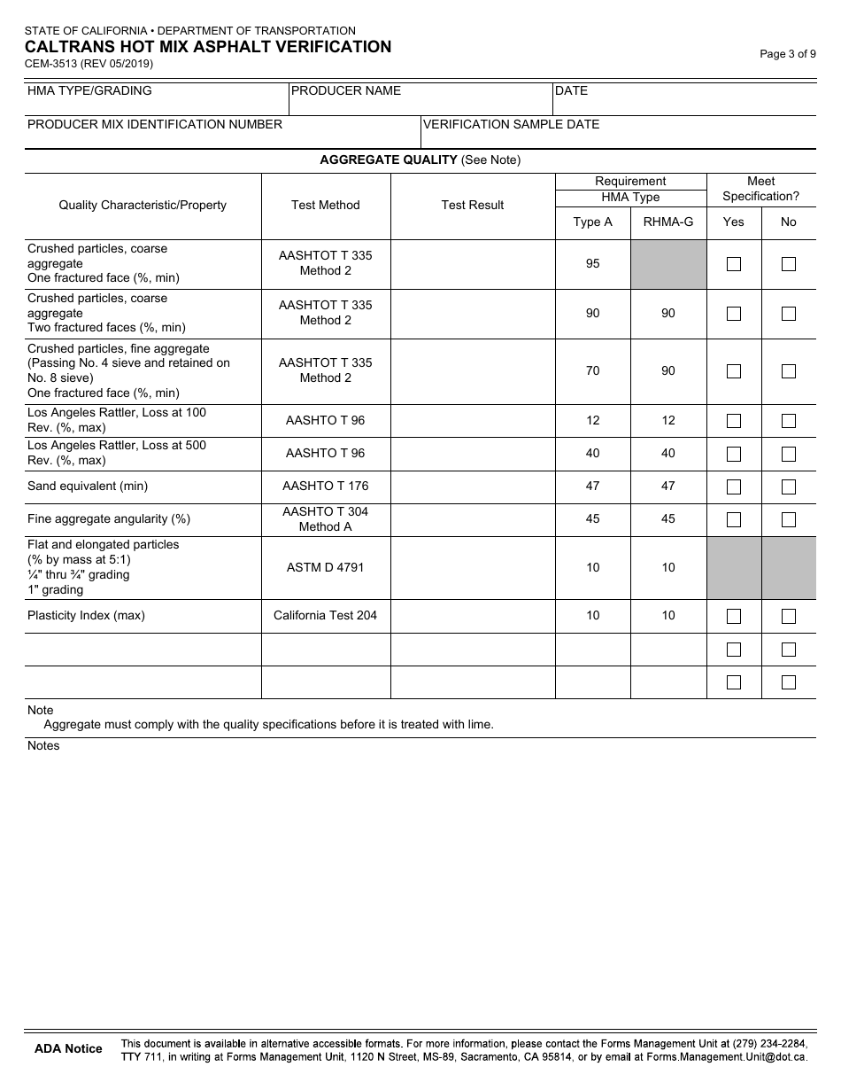 Form CEM-3513 Caltrans Hot Mix Asphalt Verification - California, Page 3