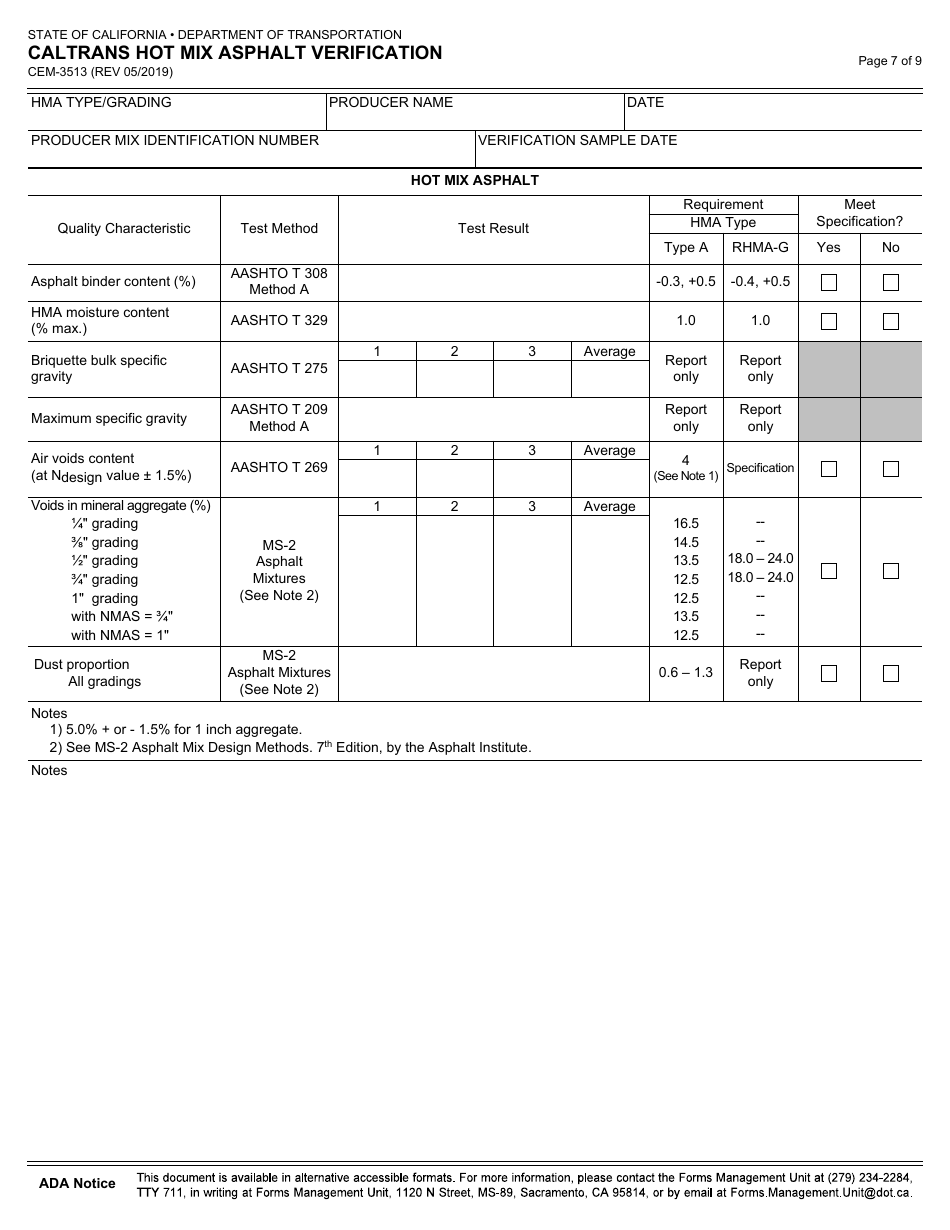 Form CEM-3513 Caltrans Hot Mix Asphalt Verification - California, Page 7