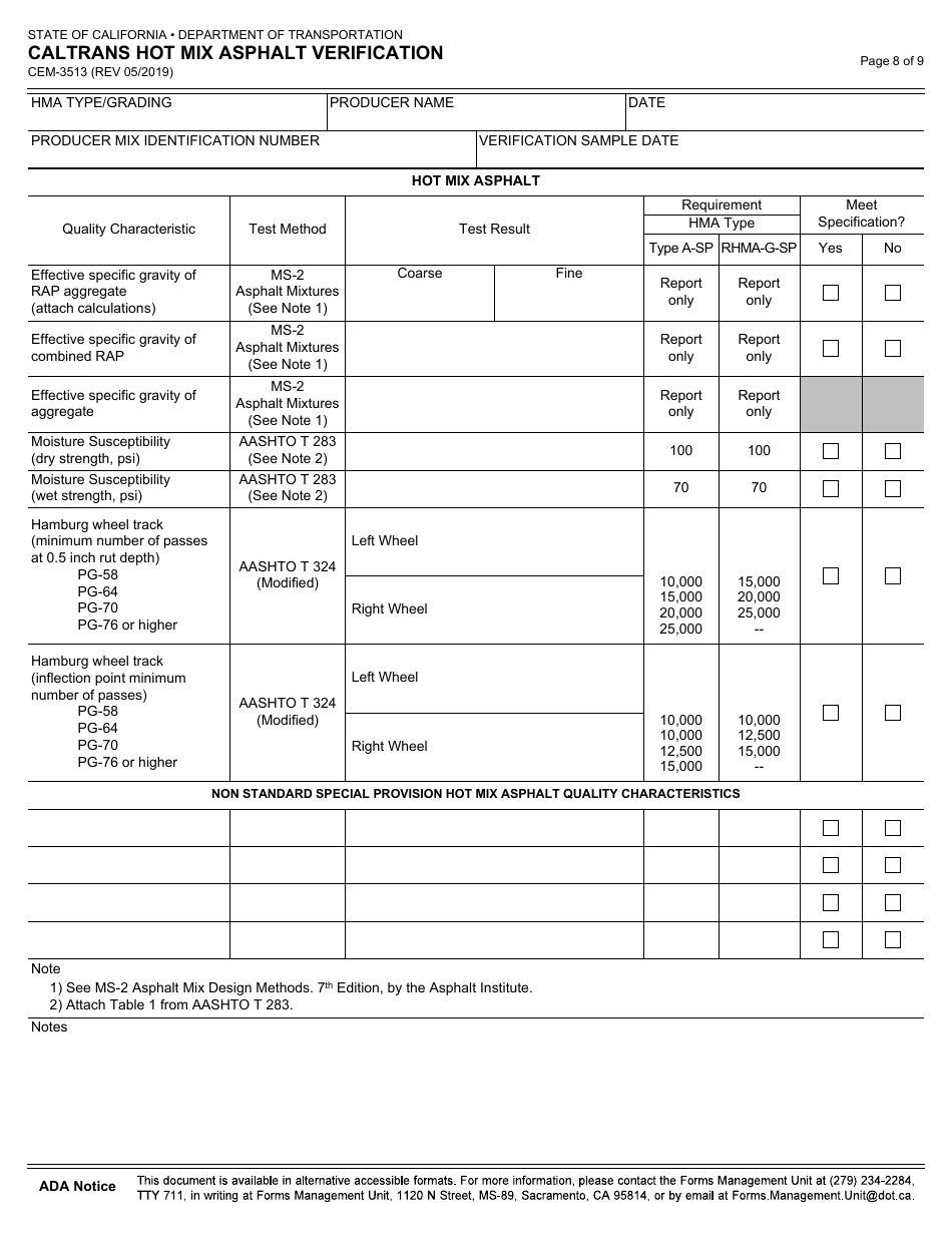 Form CEM-3513 Caltrans Hot Mix Asphalt Verification - California, Page 8