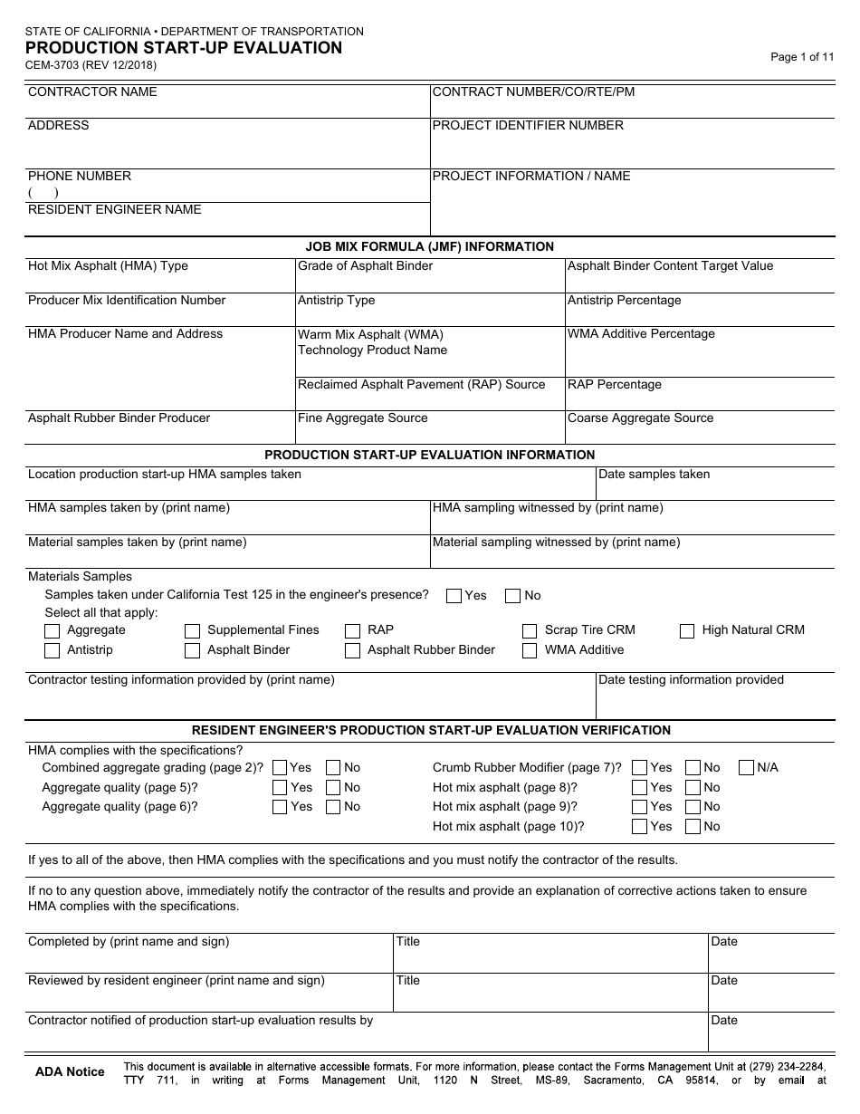 Form CEM-3703 Production Start-Up Evaluation - California, Page 1