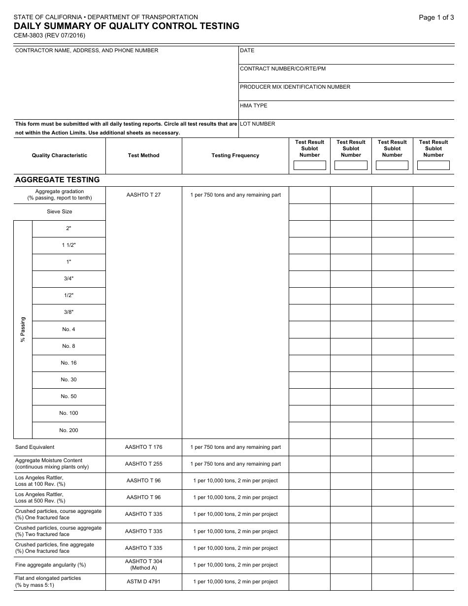 Form CEM-3803 Daily Summary of Quality Control Testing - California, Page 1