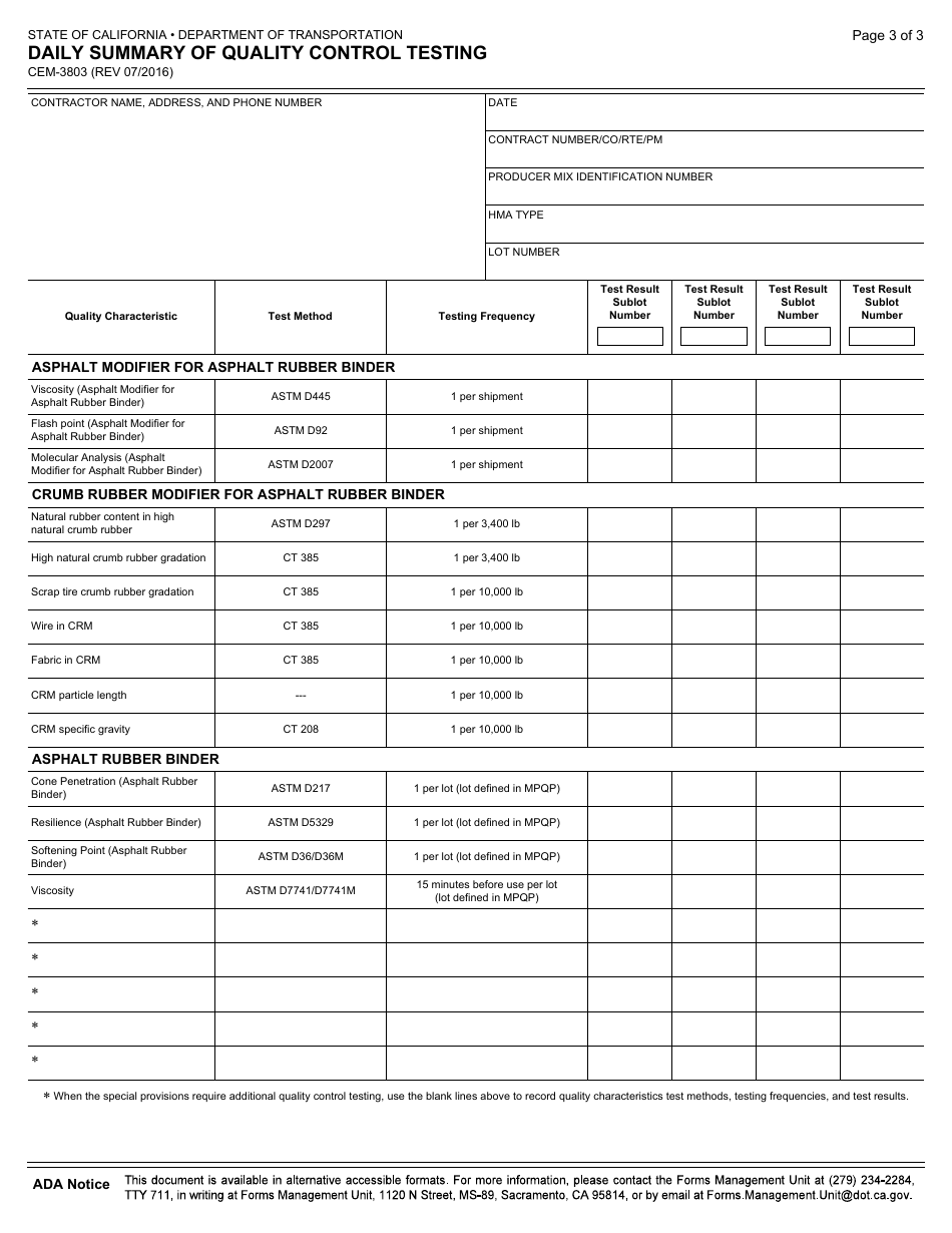 Form CEM-3803 Daily Summary of Quality Control Testing - California, Page 3