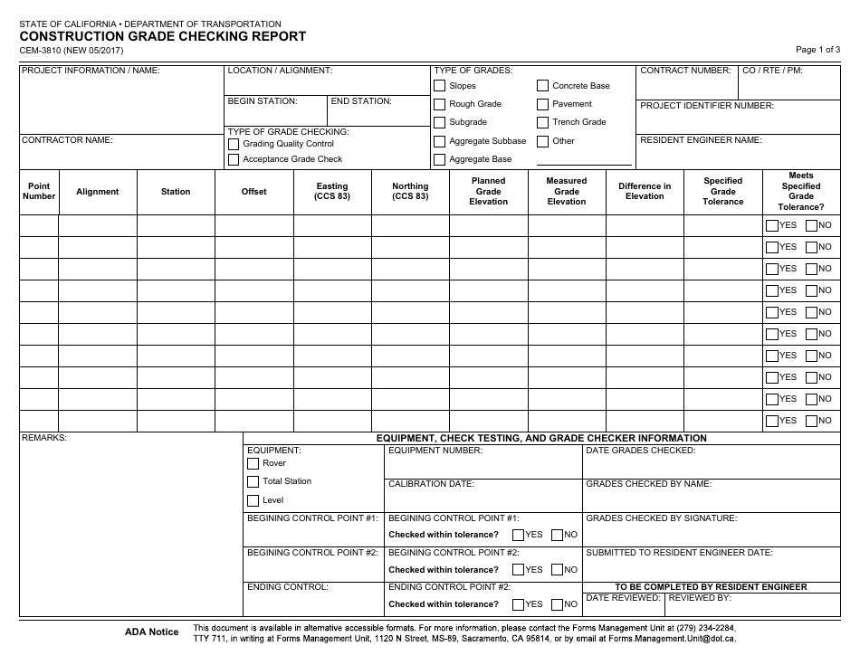 Form CEM-3810 Construction Grade Checking Report - California, Page 1