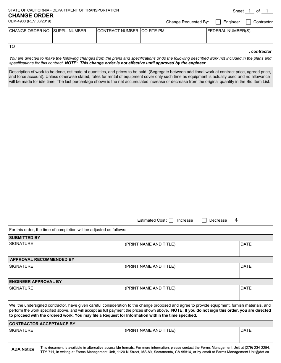Form CEM-4900 Change Order - California, Page 1