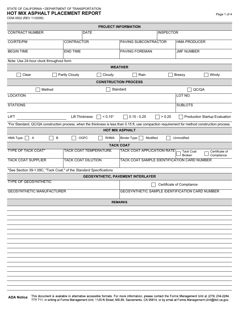Form CEM-3502 Hot Mix Asphalt Placement Report - California, Page 1