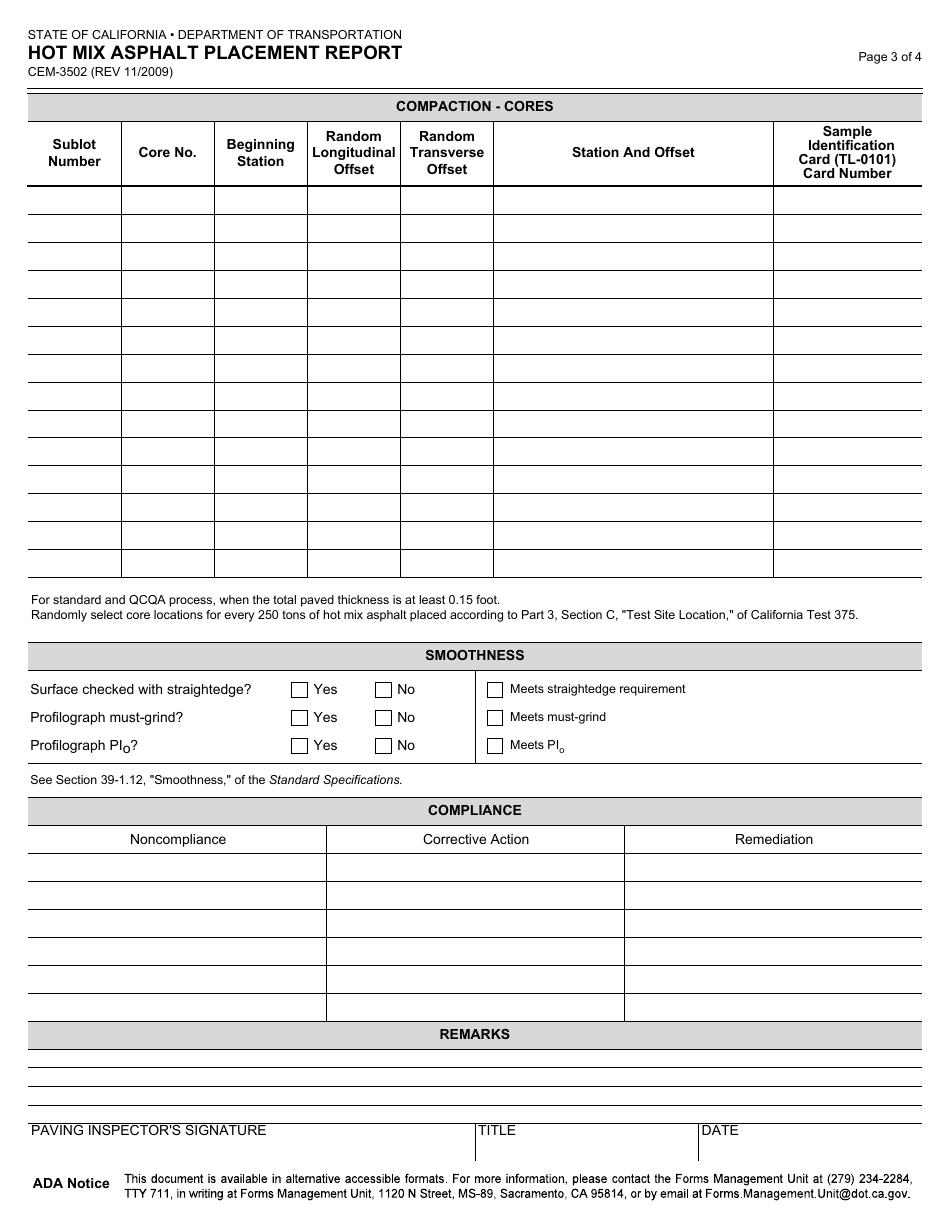 Form CEM-3502 Hot Mix Asphalt Placement Report - California, Page 3