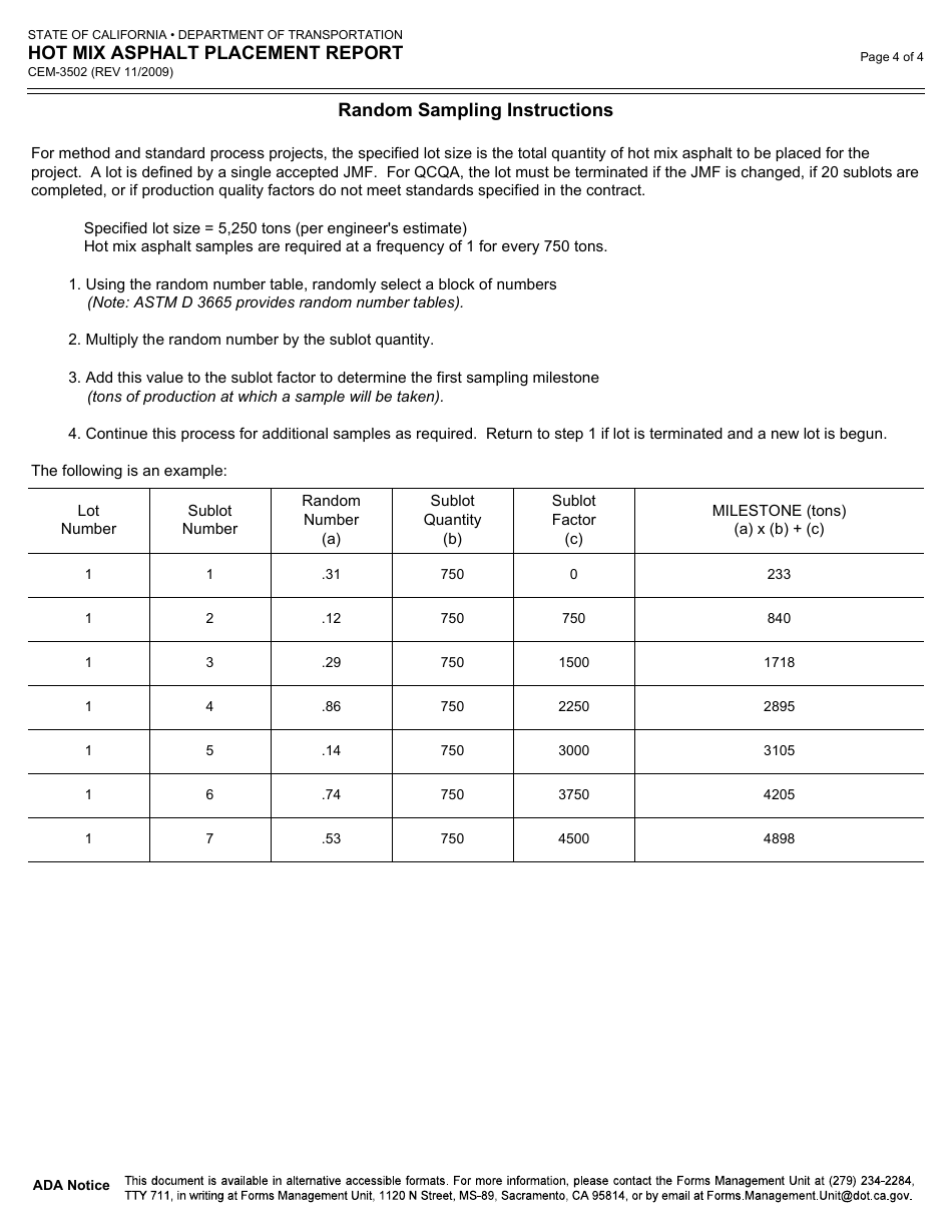 Form CEM-3502 Hot Mix Asphalt Placement Report - California, Page 4
