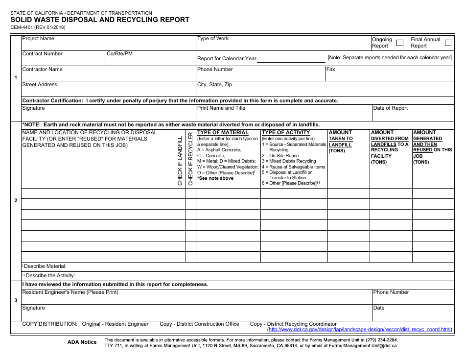 Form CEM-4401 Solid Waste Disposal and Recycling Report - California, Page 1
