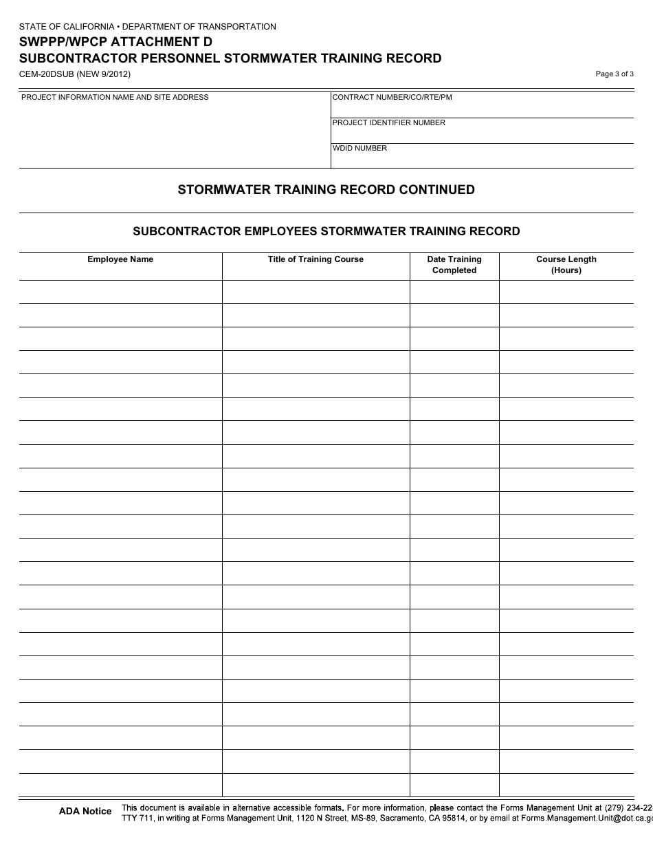 Form CEM-20DSUB Attachment D Swppp / Wpcp Subcontractor Personnel Stormwater Training Record - California, Page 3