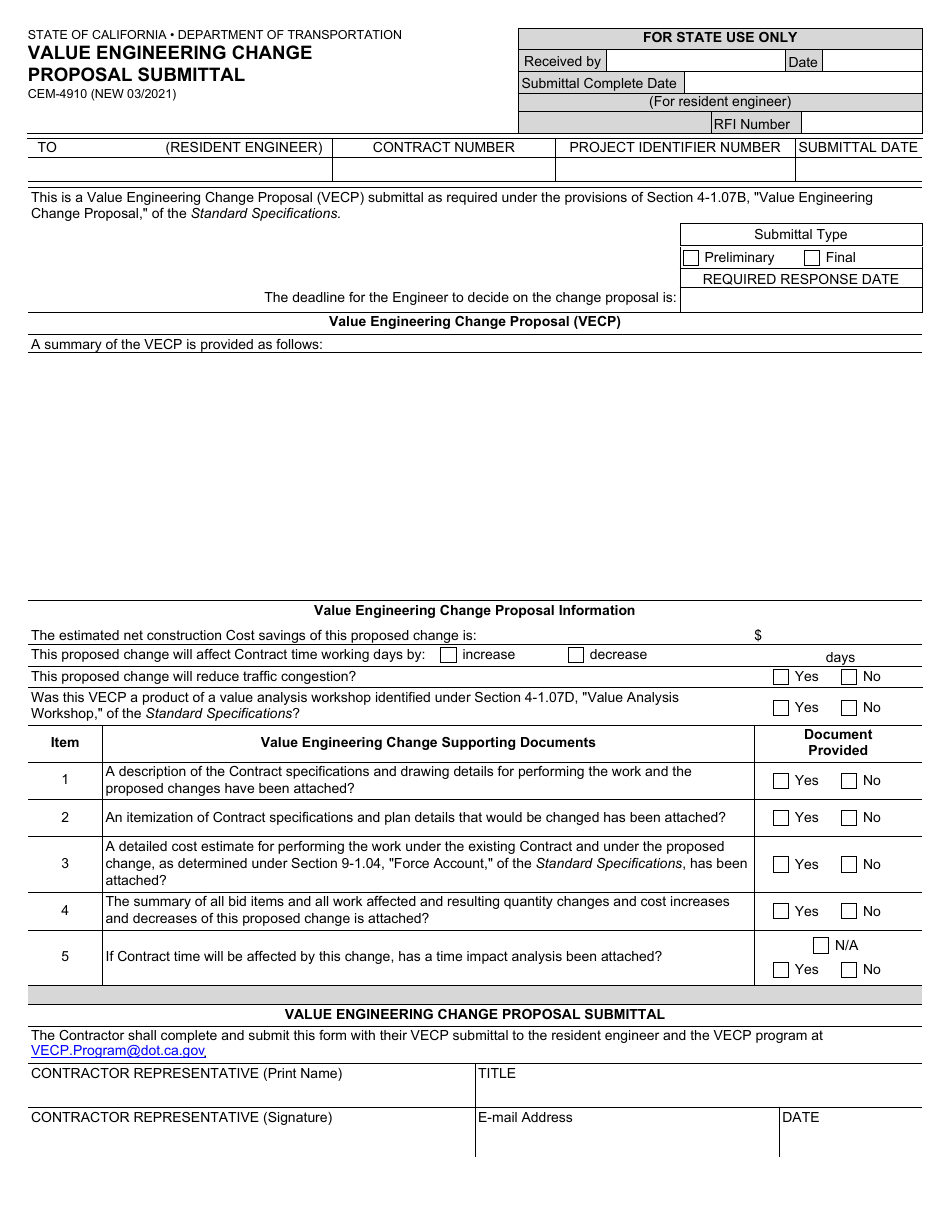 Form CEM-4910 Value Engineering Change Proposal Submittal - California, Page 1