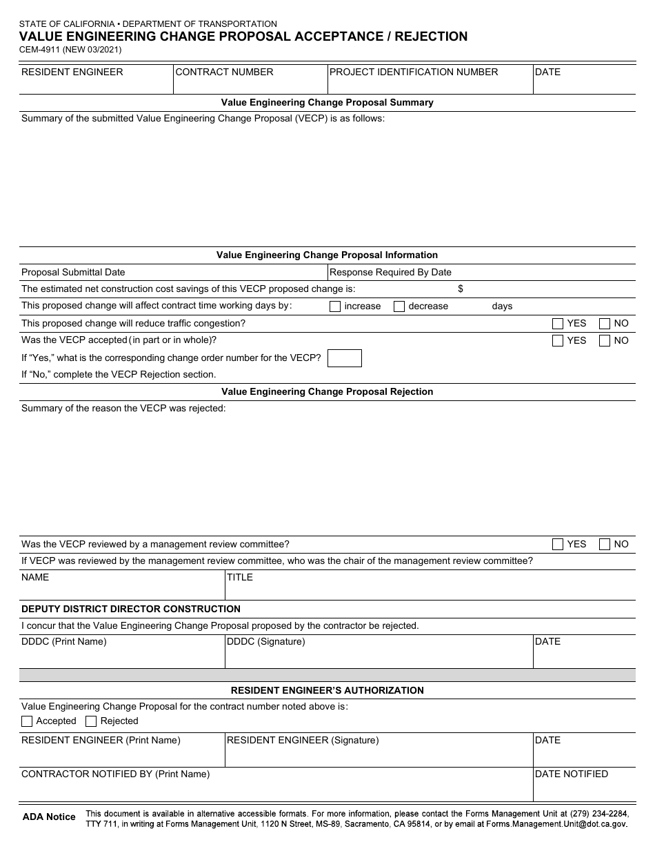 Form CEM-4911 Value Engineering Change Proposal Acceptance / Rejection - California, Page 1