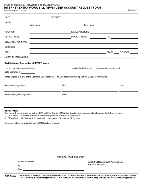 Form CEM-4906 Internet Extra Work Bill (Iewb) User Account Request Form - California