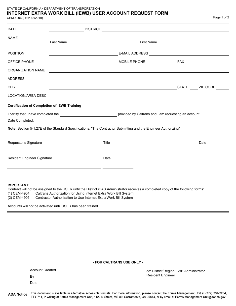 Form CEM-4906 Internet Extra Work Bill (Iewb) User Account Request Form - California, Page 1