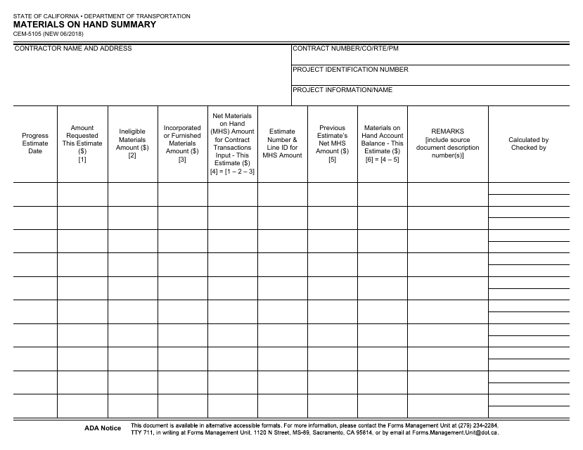 Form CEM-5105 Materials on Hand Summary - California