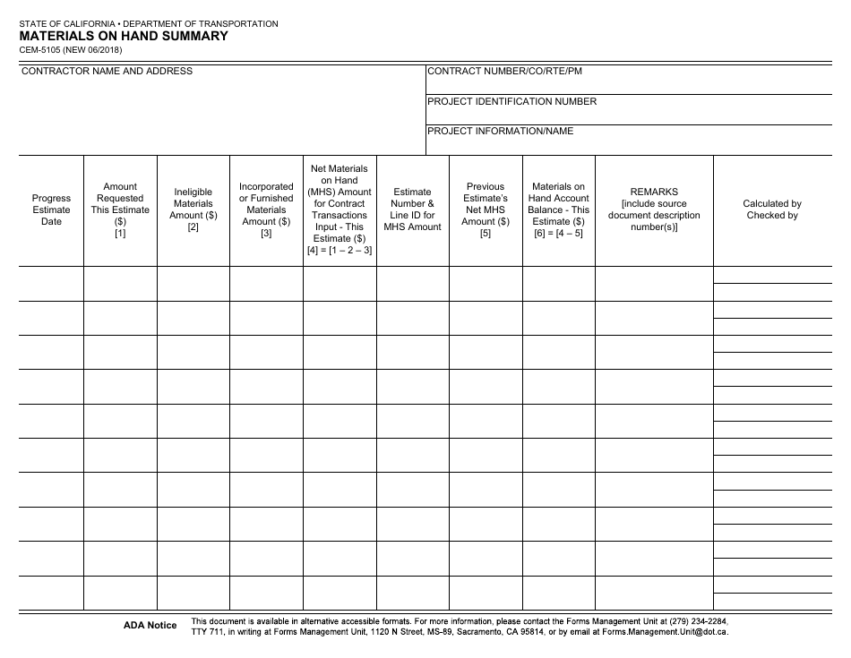 Form CEM-5105 Materials on Hand Summary - California, Page 1