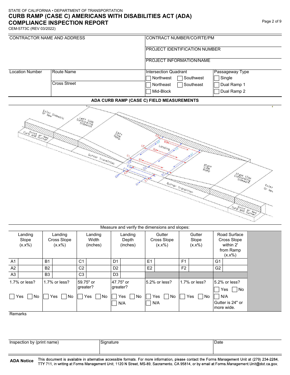 Form CEM-5773C Curb Ramp (Case C) Americans With Disabilities Act (Ada) Compliance Inspection Report - California, Page 2
