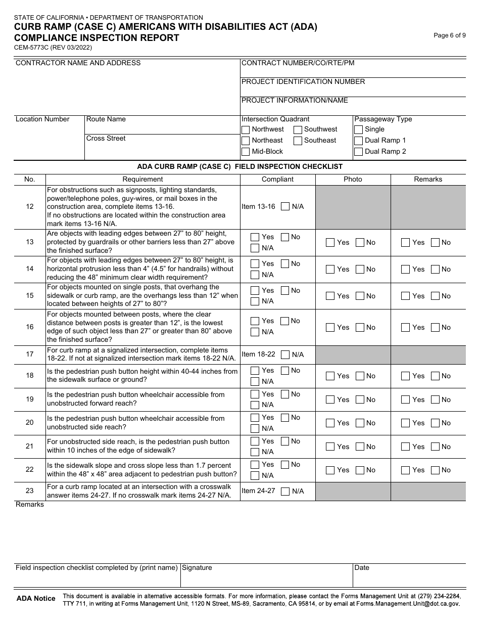 Form CEM-5773C Curb Ramp (Case C) Americans With Disabilities Act (Ada) Compliance Inspection Report - California, Page 6