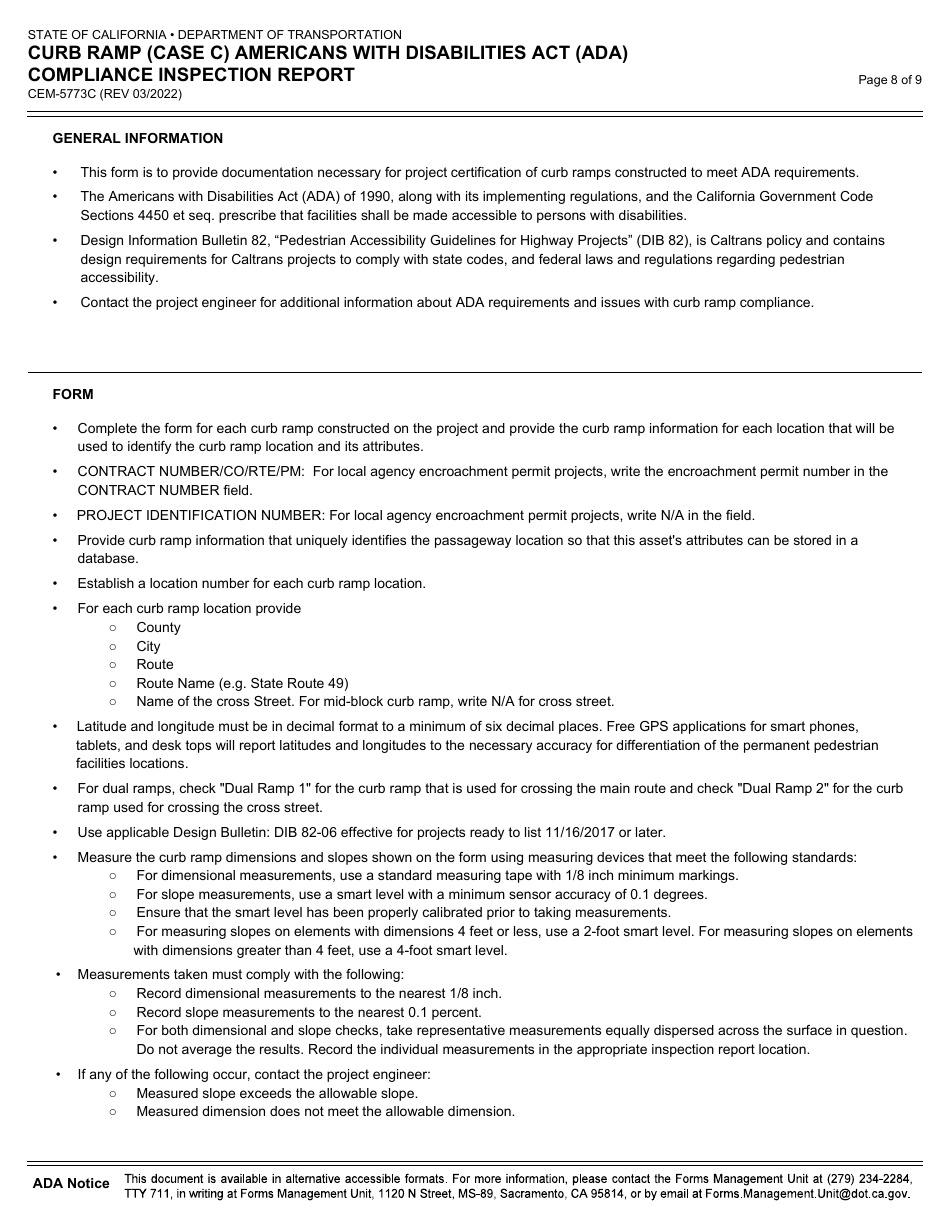 Form CEM-5773C Curb Ramp (Case C) Americans With Disabilities Act (Ada) Compliance Inspection Report - California, Page 8