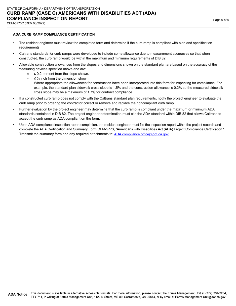 Form CEM-5773C Curb Ramp (Case C) Americans With Disabilities Act (Ada) Compliance Inspection Report - California, Page 9