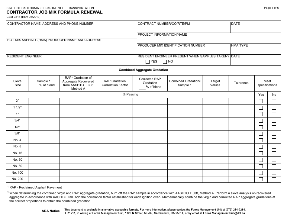 Form CEM-3514 Contractor Job Mix Formula Renewal - California, Page 1