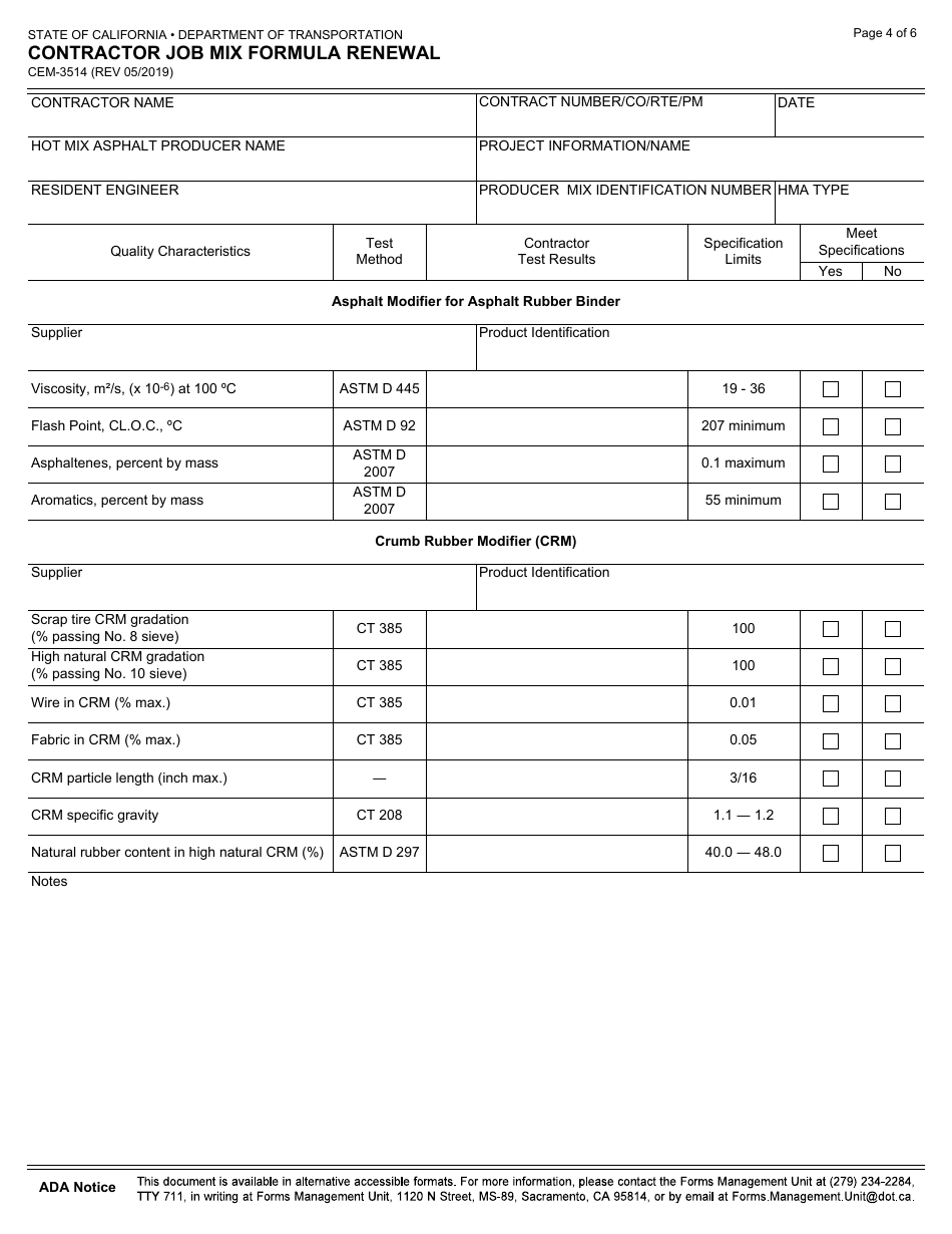 Form CEM-3514 Download Fillable PDF or Fill Online Contractor Job Mix ...