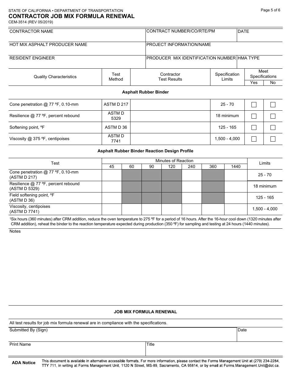 Form CEM-3514 Contractor Job Mix Formula Renewal - California, Page 5