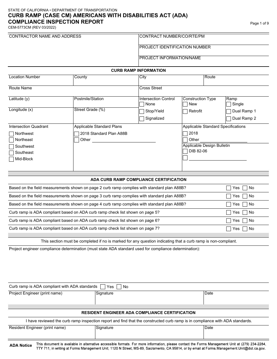 Form CEM-5773CM Curb Ramp (Case Cm) Americans With Disabilities Act (Ada) Compliance Inspection Report - California, Page 1