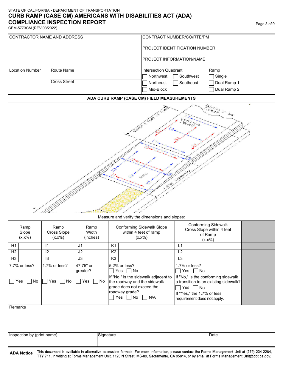 Form CEM-5773CM Curb Ramp (Case Cm) Americans With Disabilities Act (Ada) Compliance Inspection Report - California, Page 3