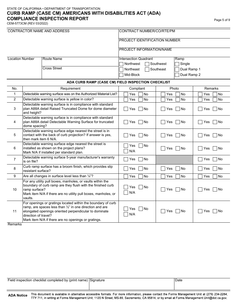 Form CEM-5773CM Curb Ramp (Case Cm) Americans With Disabilities Act (Ada) Compliance Inspection Report - California, Page 5