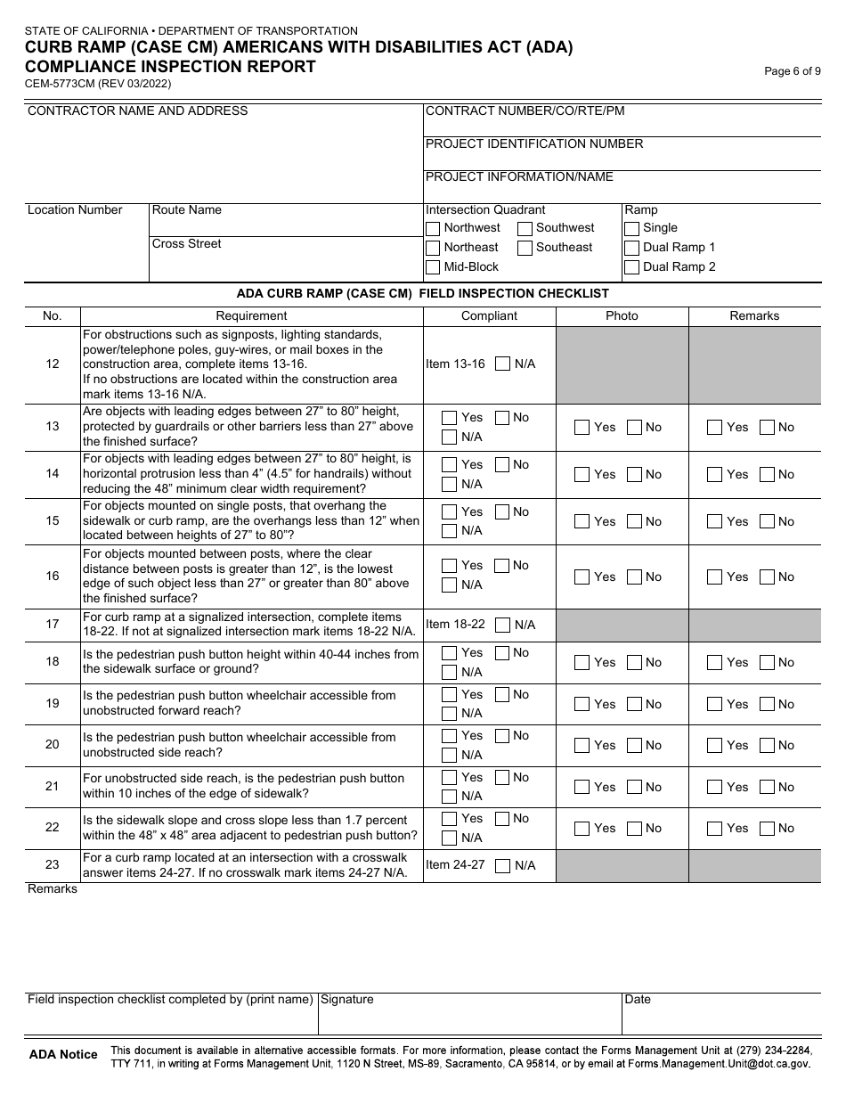 Form CEM-5773CM Curb Ramp (Case Cm) Americans With Disabilities Act (Ada) Compliance Inspection Report - California, Page 6