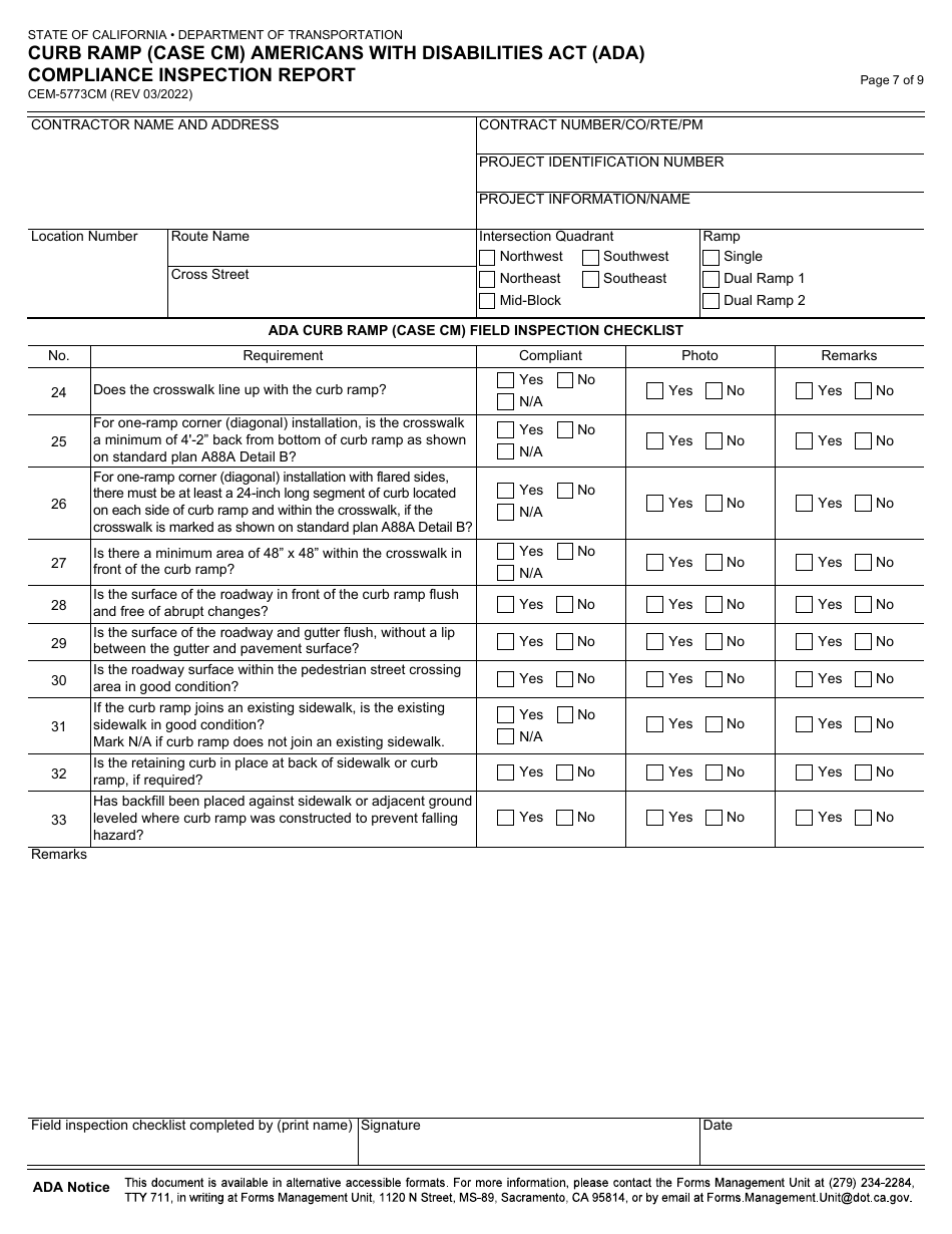 Form CEM-5773CM Curb Ramp (Case Cm) Americans With Disabilities Act (Ada) Compliance Inspection Report - California, Page 7
