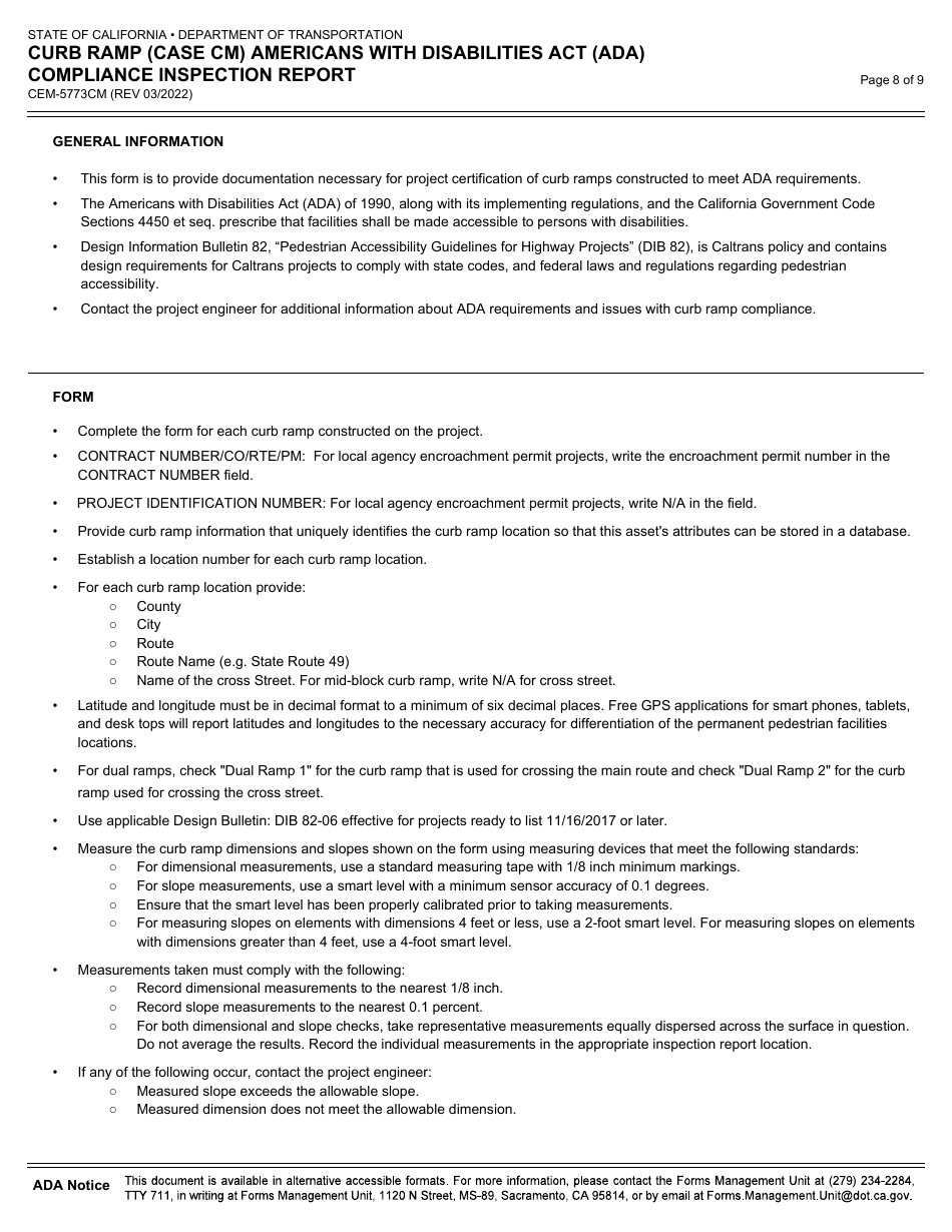 Form CEM-5773CM Curb Ramp (Case Cm) Americans With Disabilities Act (Ada) Compliance Inspection Report - California, Page 8