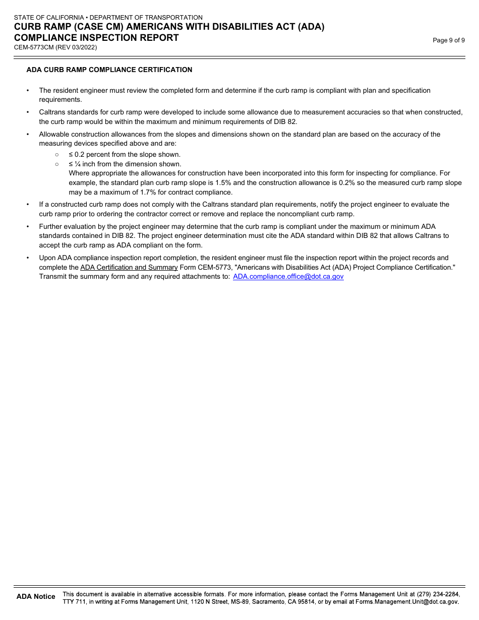 Form CEM-5773CM Curb Ramp (Case Cm) Americans With Disabilities Act (Ada) Compliance Inspection Report - California, Page 9