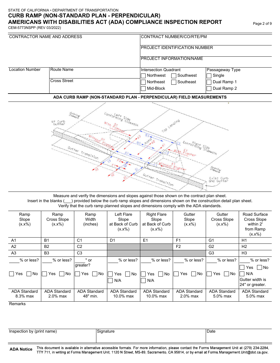 Form CEM-5773NSPP Curb Ramp (Non-standard Plan - Perpendicular) Americans With Disabilities Act (Ada) Compliance Inspection Report - California, Page 2