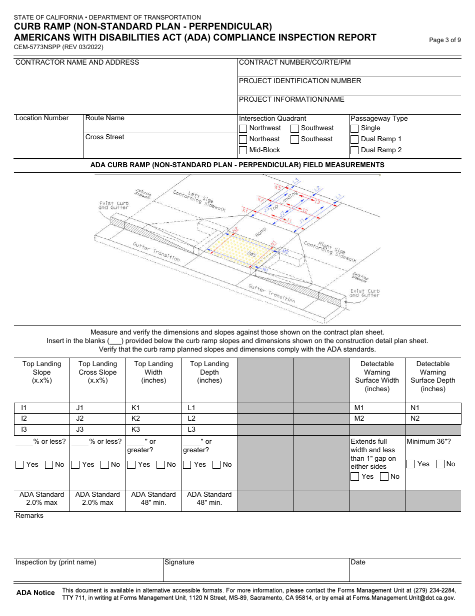 Form CEM-5773NSPP Curb Ramp (Non-standard Plan - Perpendicular) Americans With Disabilities Act (Ada) Compliance Inspection Report - California, Page 3