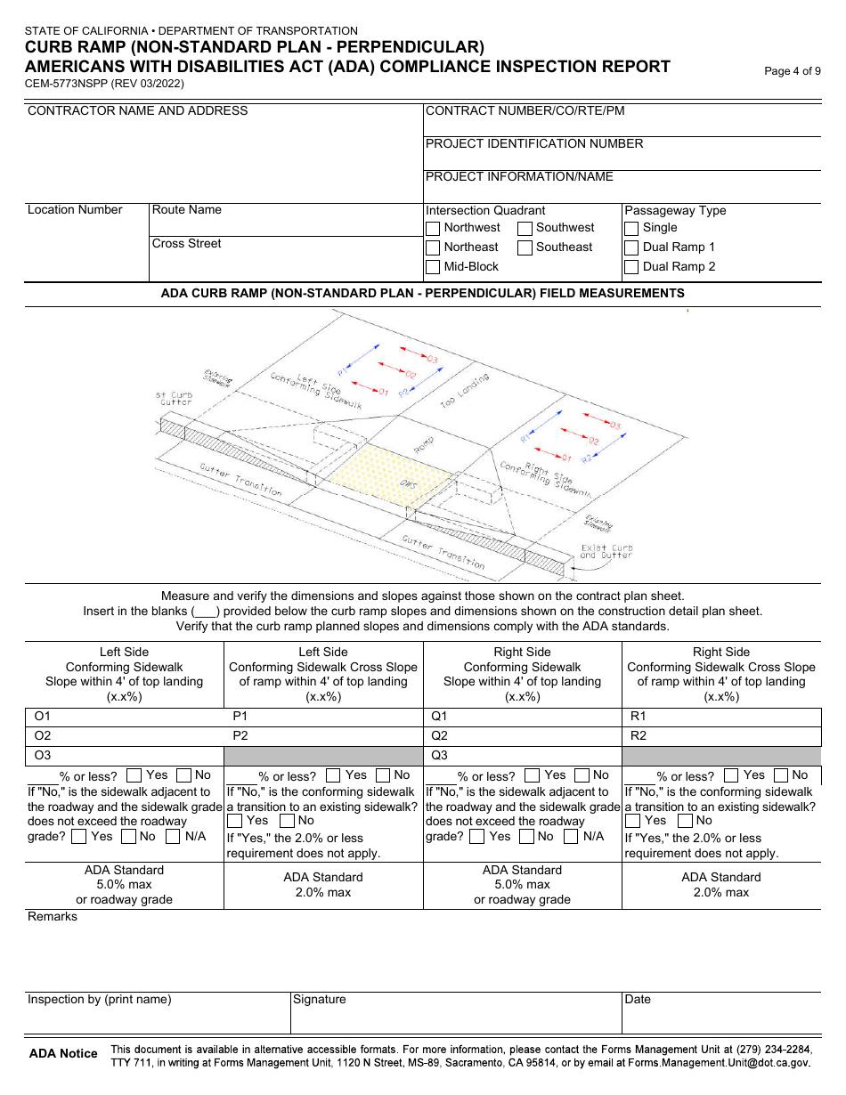 Form CEM-5773NSPP Curb Ramp (Non-standard Plan - Perpendicular) Americans With Disabilities Act (Ada) Compliance Inspection Report - California, Page 4