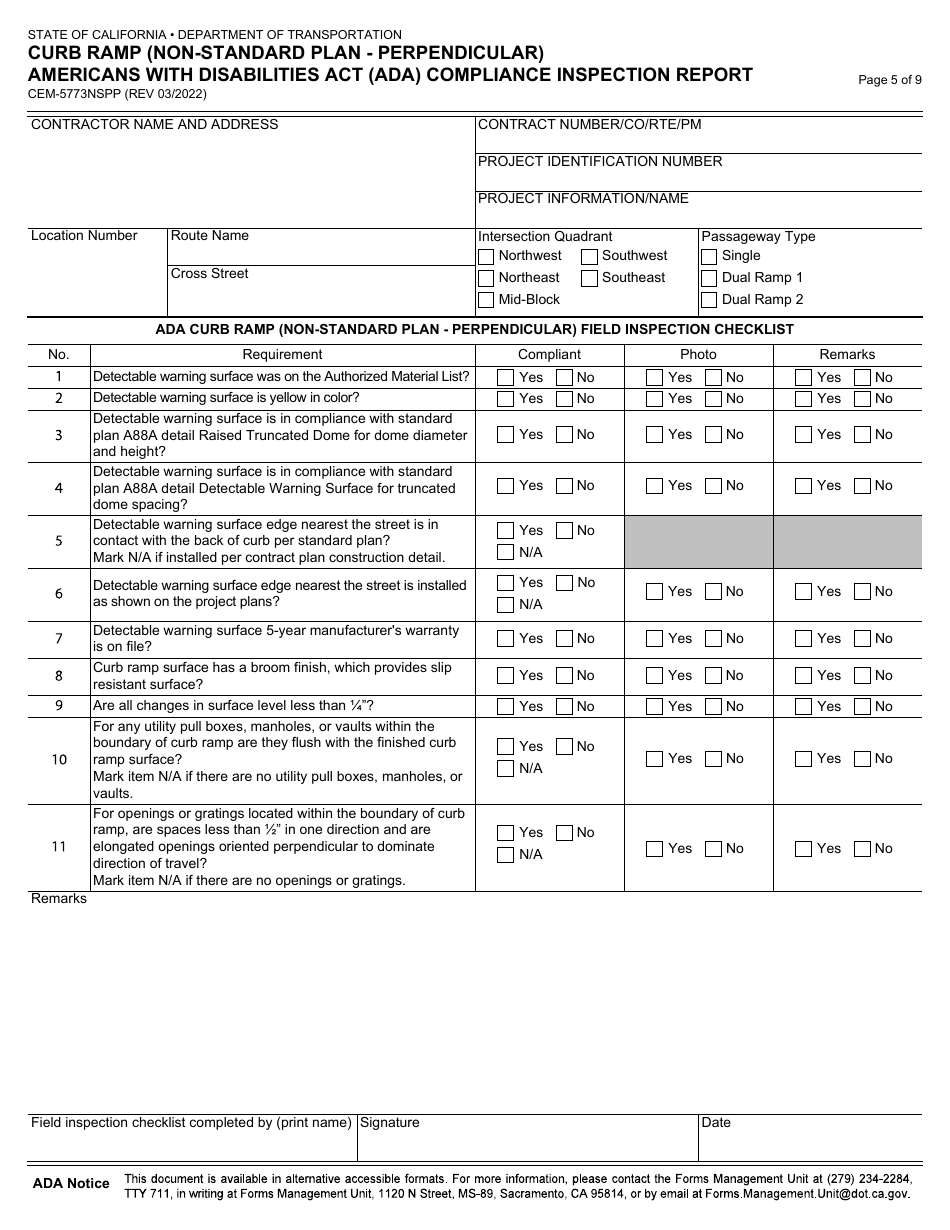 Form CEM-5773NSPP Curb Ramp (Non-standard Plan - Perpendicular) Americans With Disabilities Act (Ada) Compliance Inspection Report - California, Page 5