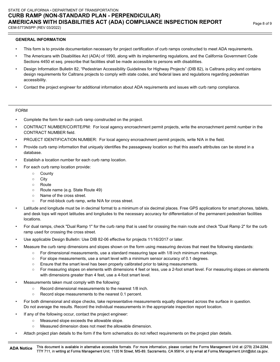 Form CEM-5773NSPP Curb Ramp (Non-standard Plan - Perpendicular) Americans With Disabilities Act (Ada) Compliance Inspection Report - California, Page 8