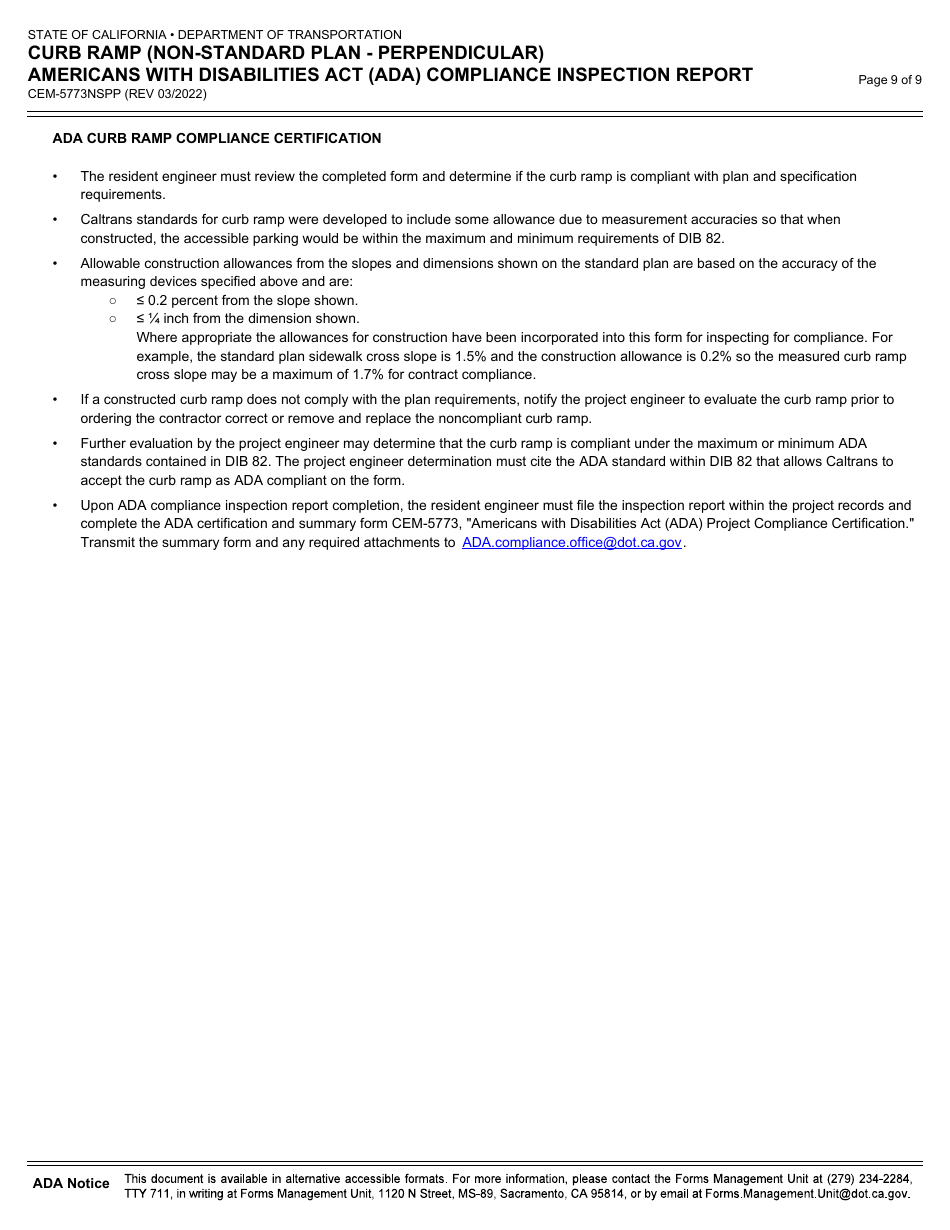 Form CEM-5773NSPP Curb Ramp (Non-standard Plan - Perpendicular) Americans With Disabilities Act (Ada) Compliance Inspection Report - California, Page 9