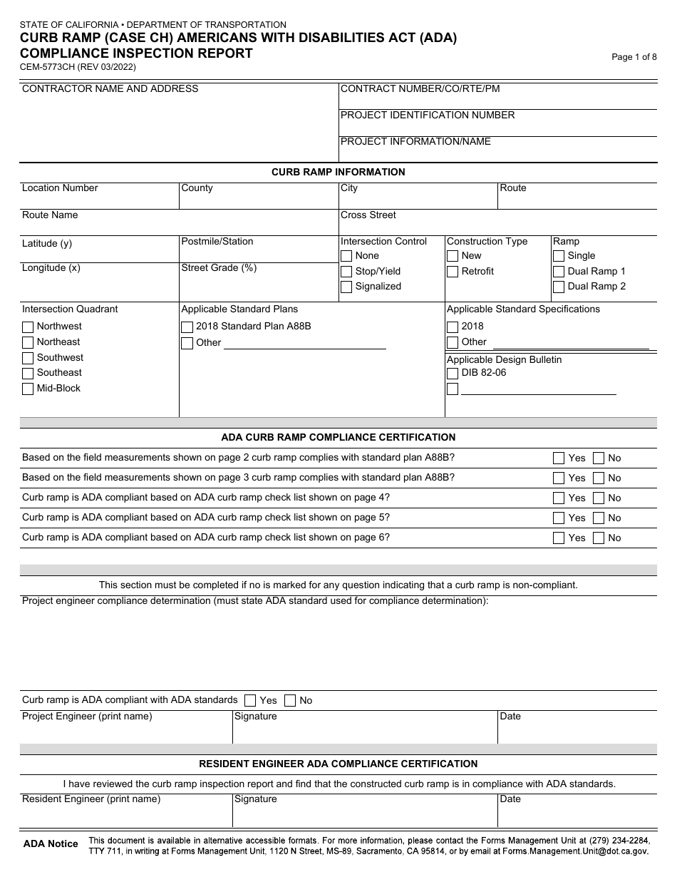 Form CEM-5773CH Curb Ramp (Case Ch) Americans With Disabilities Act (Ada) Compliance Inspection Report - California, Page 1
