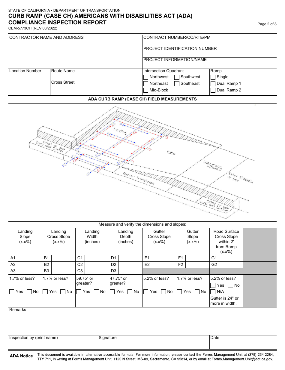 Form CEM-5773CH Curb Ramp (Case Ch) Americans With Disabilities Act (Ada) Compliance Inspection Report - California, Page 2