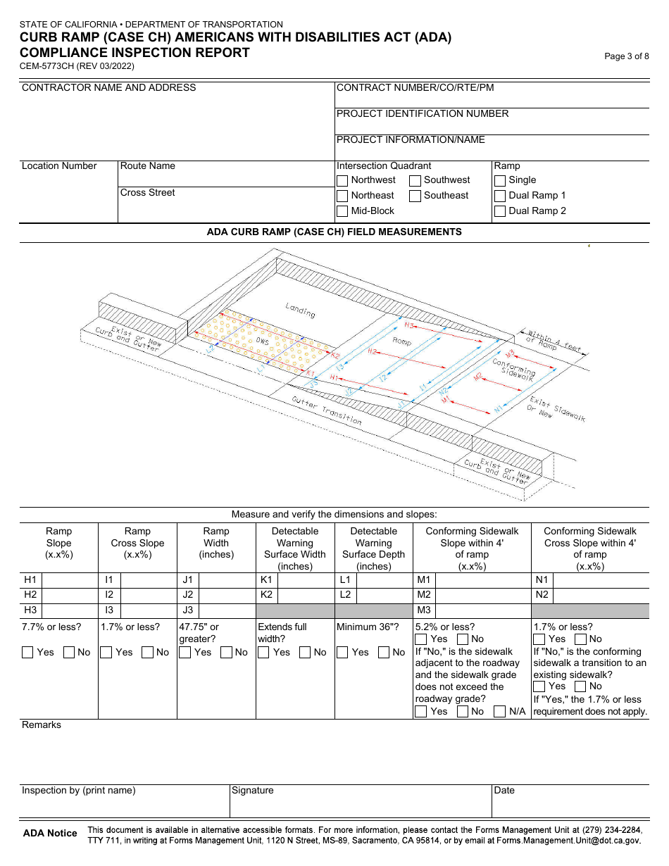 Form CEM-5773CH Curb Ramp (Case Ch) Americans With Disabilities Act (Ada) Compliance Inspection Report - California, Page 3