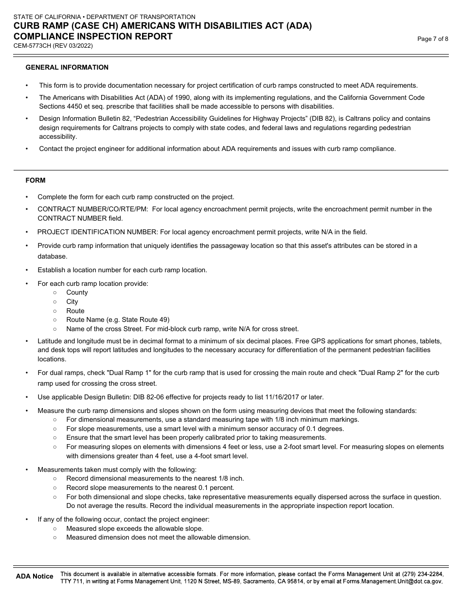 Form CEM-5773CH Curb Ramp (Case Ch) Americans With Disabilities Act (Ada) Compliance Inspection Report - California, Page 7